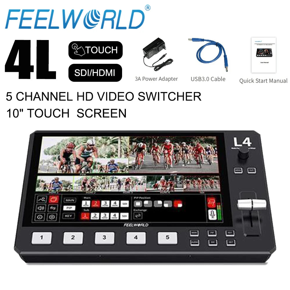 FEELWORLD L4 Multi-camera Video Mixer Switcher 10.1"Touch Screen USB3.0 Fast Streaming Broadcast Switcher SDI HDMI-compatibe