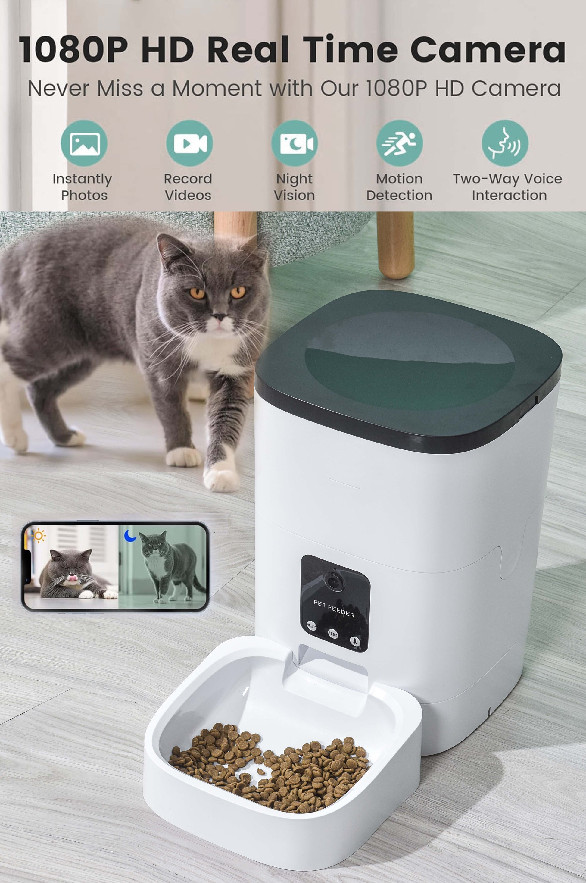 "Smart 6L Automatic Pet Feeder with 1080P Camera & App Control - Perfect for Cats & Dogs!"